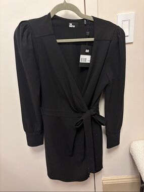 The Kooples Black Wrap Mini Dress with Puff Shoulders